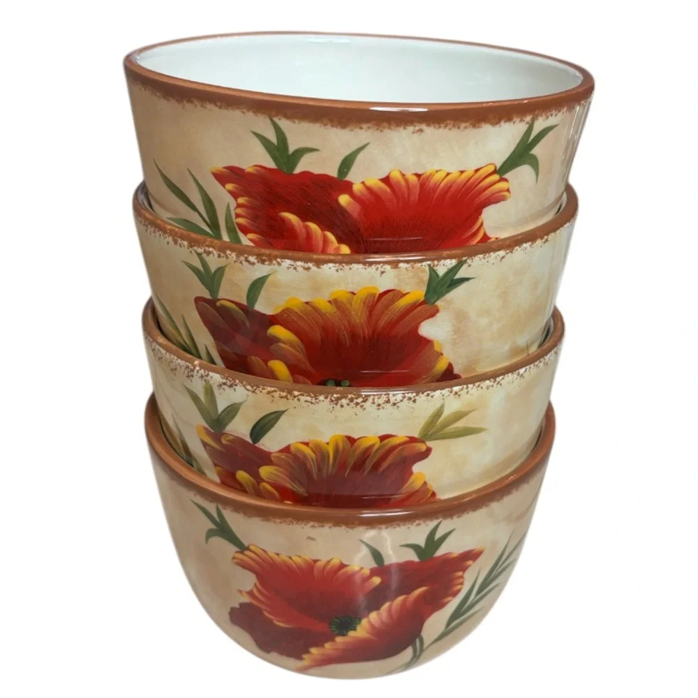 Pier 1 Poppies Bowls 6” Soup / Cereal Bowl Hand Painted Earthenware 4 Pc Set Red